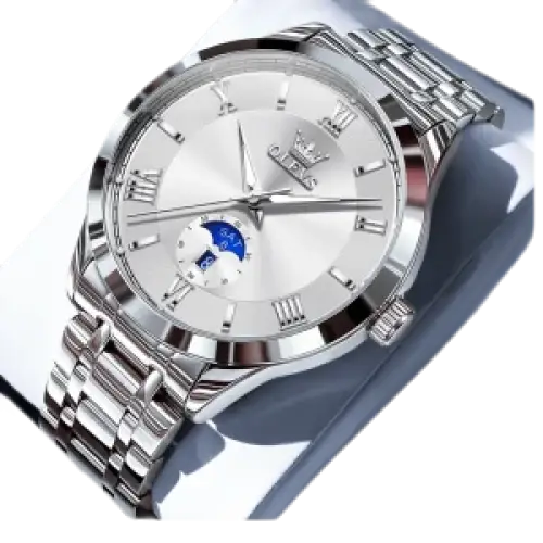 Montre pour homme en acier inoxydable de couleur argentée avec cadran blanc et affichage des phases de lune.