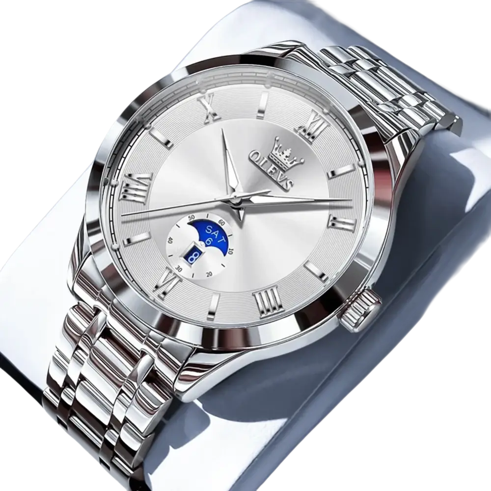 Montre-bracelet pour homme, de couleur argentée, avec bracelet en métal, cadran blanc, index en chiffres romains et complication de phase de lune.