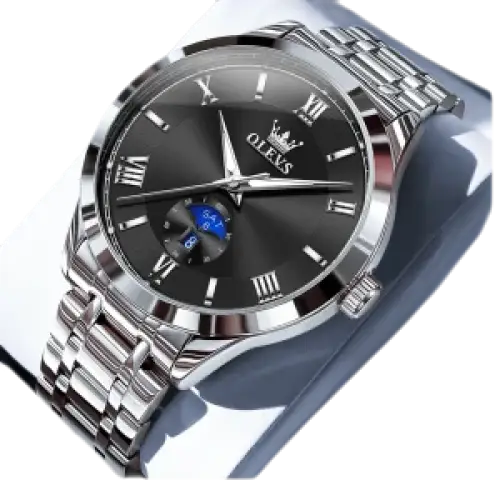 Montre pour homme de couleur argentée avec cadran noir et affichage des phases de lune.