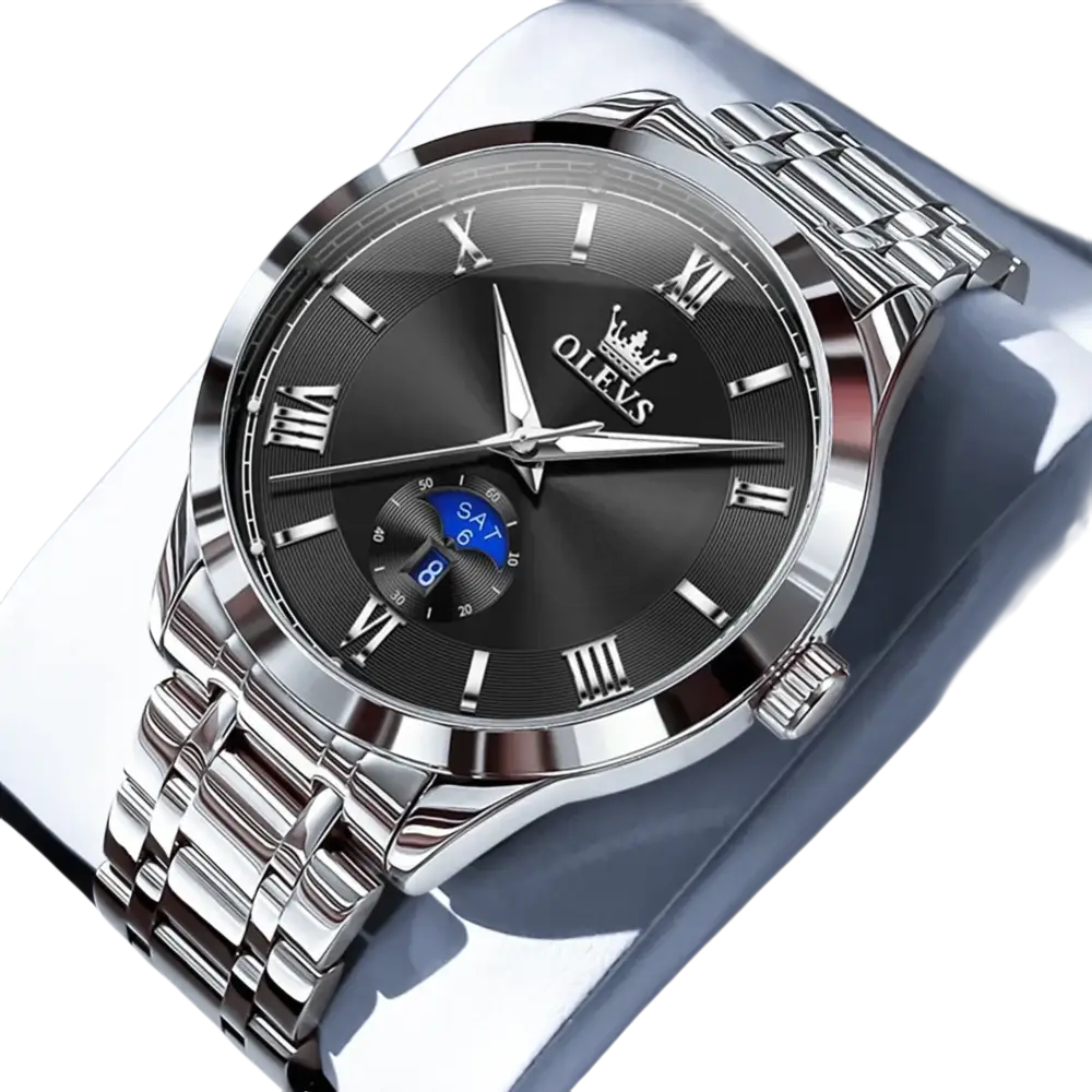 Montre pour homme de couleur argentée avec un cadran noir et des index en chiffres romains.