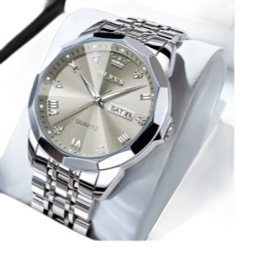 Montre à quartz pour homme, de couleur argentée, avec affichage de la date et index en diamants.