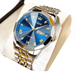 Montre pour homme en argent et or bicolore avec un cadran bleu.