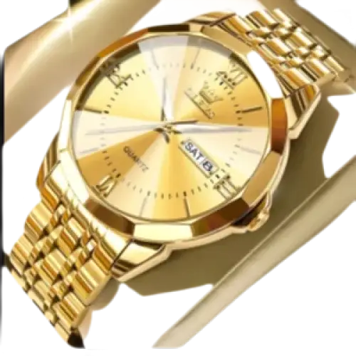 Montre-bracelet à quartz pour hommes, de couleur dorée, avec affichage du jour et de la date.