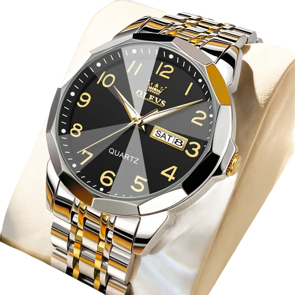 Montre pour homme en acier inoxydable bicolore avec cadran noir, aiguilles et index dorés et affichage de la date.