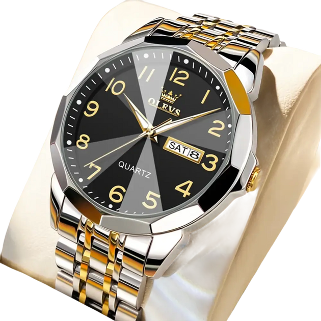 Montre pour homme en acier inoxydable bicolore avec cadran noir, aiguilles et index dorés et affichage de la date.