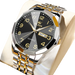 Montre pour homme en acier inoxydable bicolore avec cadran noir, aiguilles et index dorés et affichage de la date.
