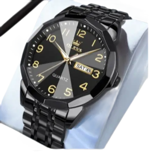 Montre pour homme en acier inoxydable noir avec un cadran noir et gris et des index et aiguilles dorés.