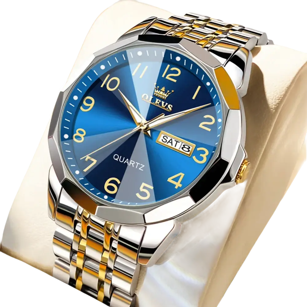 Montre pour homme en argent et or bicolore avec un cadran bleu.