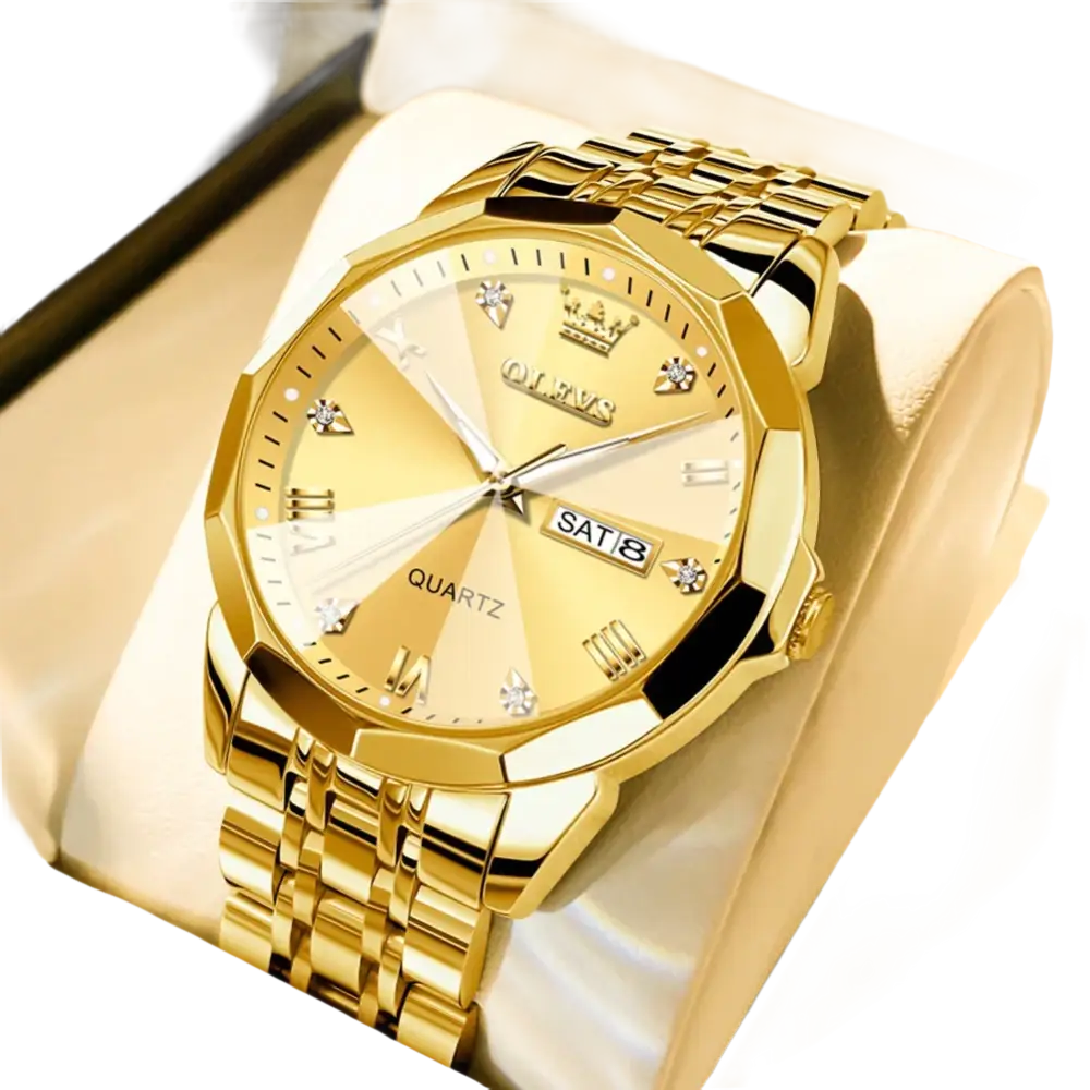 Montre-bracelet pour homme, de couleur or, avec bracelet en métal, index en diamant et affichage de la date.