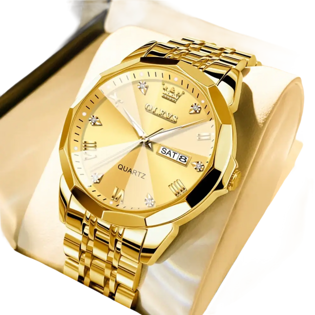 Montre-bracelet pour homme, de couleur or, avec bracelet en métal, index en diamant et affichage de la date.