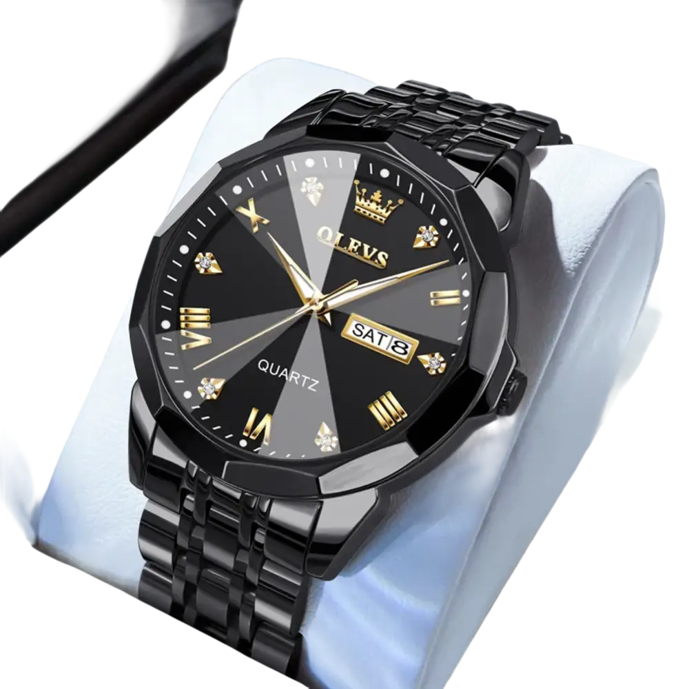 Montre OLEVS à quartz noir et or avec bracelet en métal et index en forme de diamant.