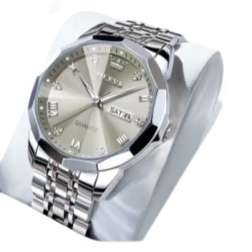 Montre à quartz pour homme, de couleur argentée, avec affichage de la date et index en chiffres romains.