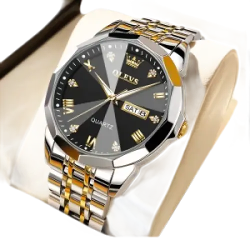 Montre à quartz pour homme en acier inoxydable bicolore avec un cadran géométrique noir et gris, des accents dorés et des index en chiffres romains.