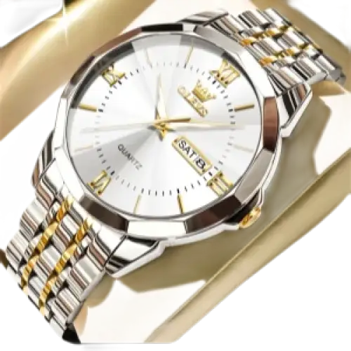 Montre à quartz pour hommes, en argent et or, avec affichage de la date.
