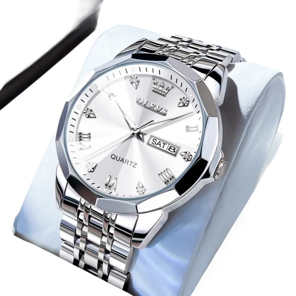 Montre à quartz pour homme, de couleur argentée, avec lunette multifacettes, index en diamants et affichage de la date et du jour.