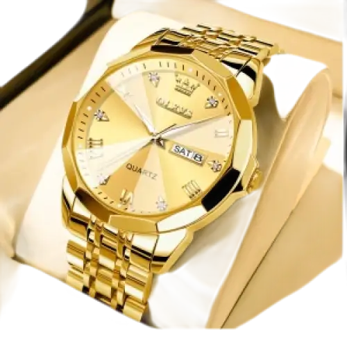 Montre-bracelet à quartz pour homme, de couleur or, avec affichage jour/date.