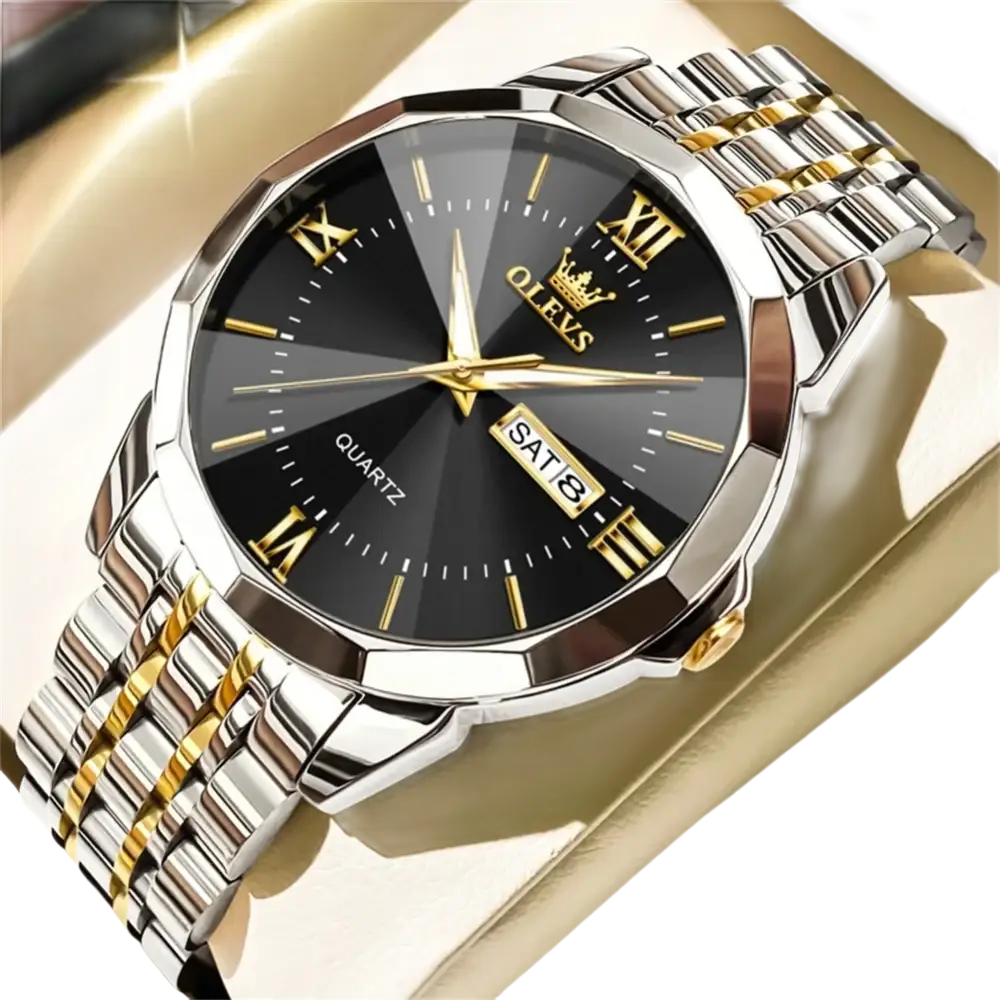 Montre pour homme en acier inoxydable bicolore avec cadran noir, chiffres romains dorés et affichage de la date.