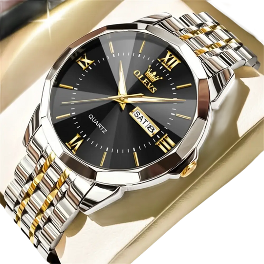 Montre pour homme en acier inoxydable bicolore avec cadran noir, chiffres romains dorés et affichage de la date.