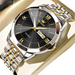 Montre pour homme en acier inoxydable bicolore avec cadran noir, chiffres romains dorés et affichage de la date.