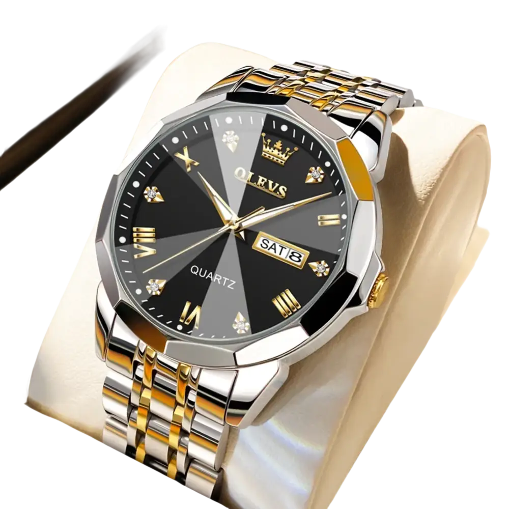 Montre à quartz pour homme en acier inoxydable bicolore avec cadran noir et gris, index en chiffres romains et affichage de la date.