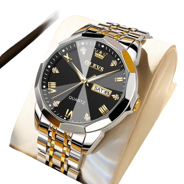 Montre à quartz pour homme en acier inoxydable bicolore avec cadran noir et gris, index en chiffres romains et affichage de la date.