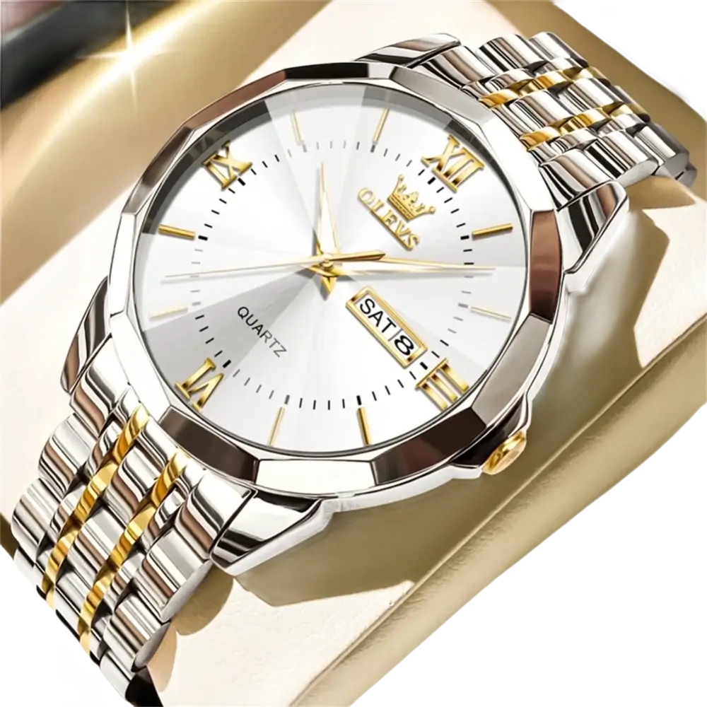 Montre à quartz pour homme, bicolore, argent et or, avec cadran blanc et affichage de la date.