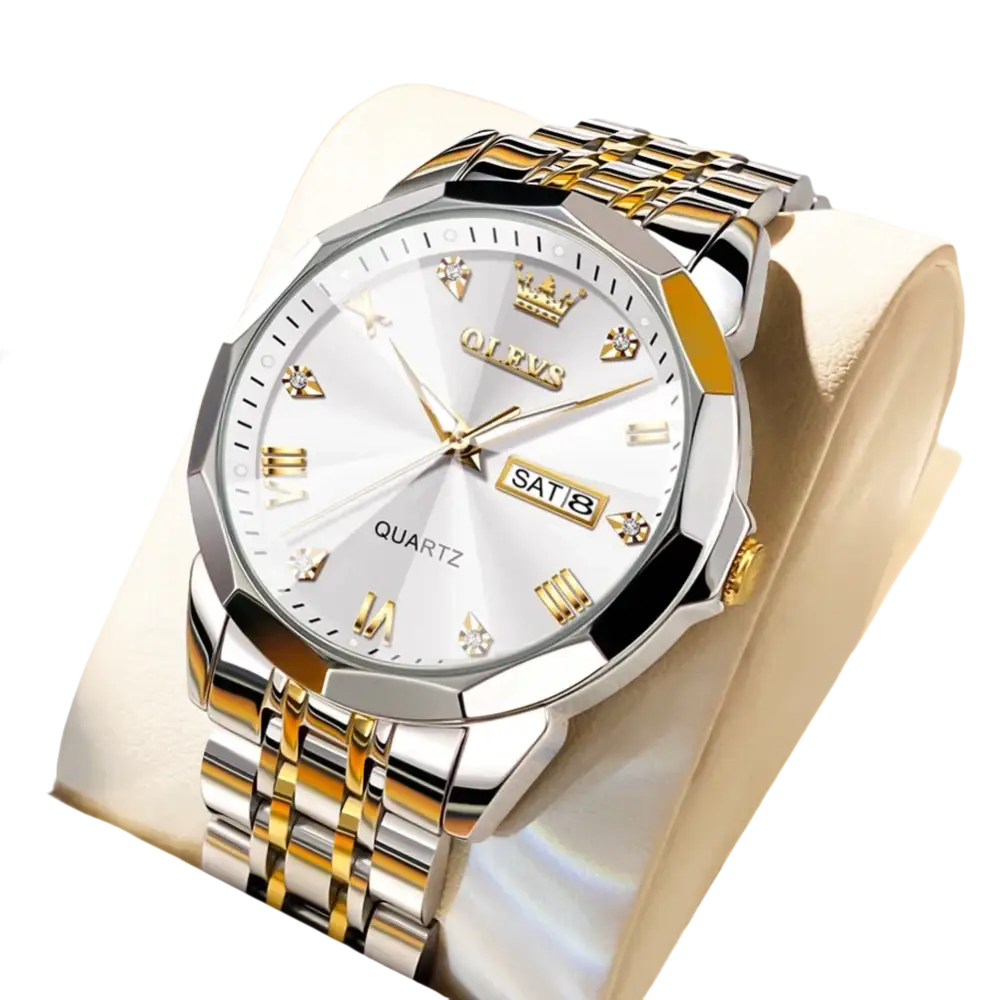 Montre à quartz pour homme, de couleur argentée et dorée, avec cadran blanc et accents de diamants.