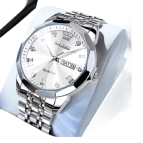 Montre pour homme en acier inoxydable de couleur argentée avec cadran blanc et affichage de la date.