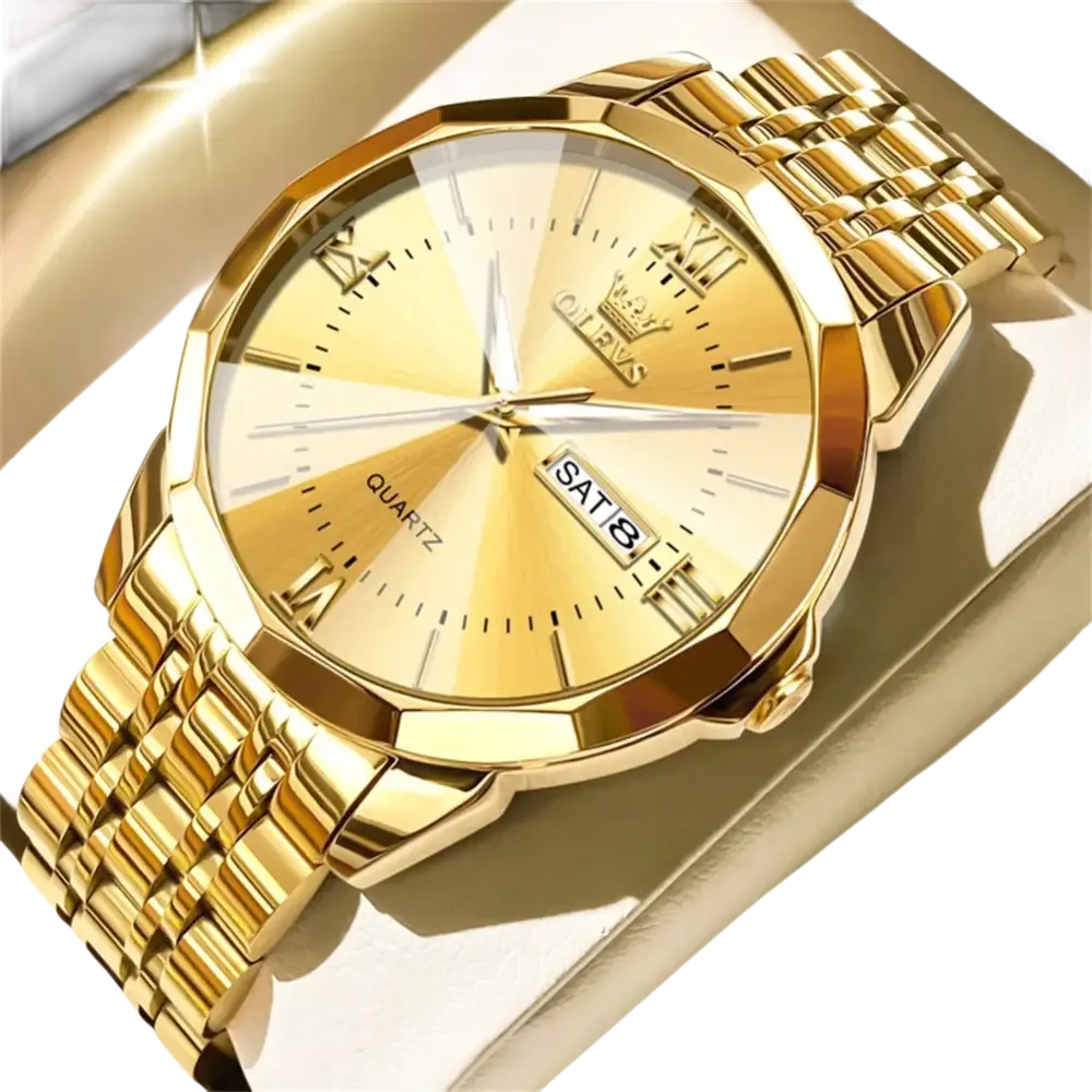 Une montre-bracelet pour homme en or brillant avec un bracelet en métal et un affichage de la date du jour.