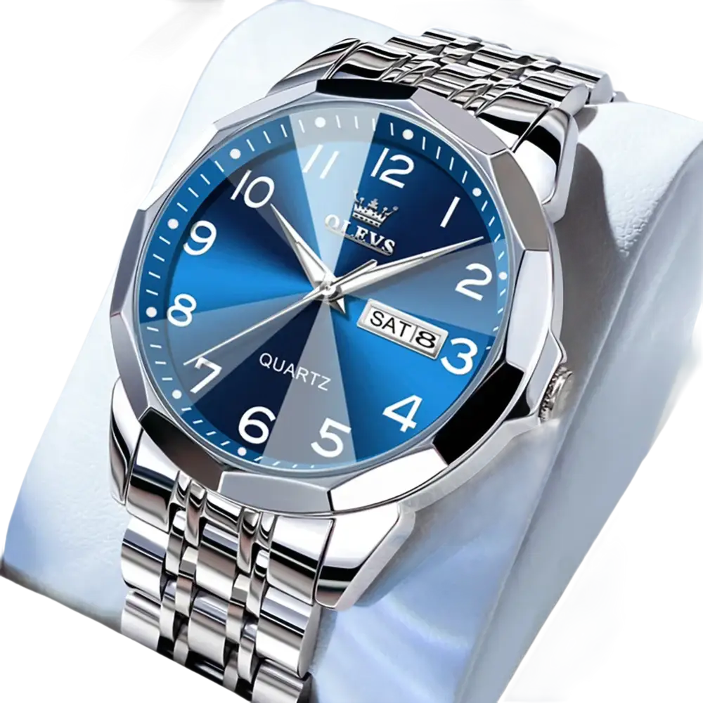 Montre pour homme en acier inoxydable de couleur argentée avec un cadran bleu.