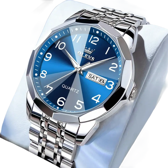 Montre pour homme en acier inoxydable de couleur argentée avec un cadran bleu.