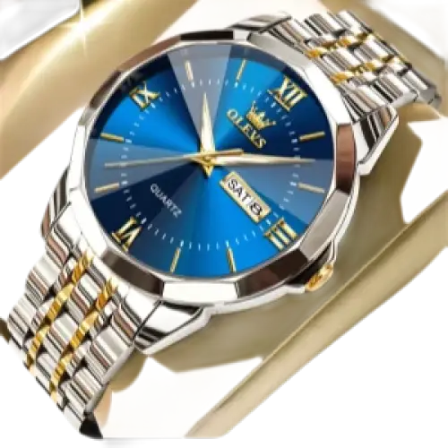 Montre pour homme en argent et or bicolore avec un cadran bleu.