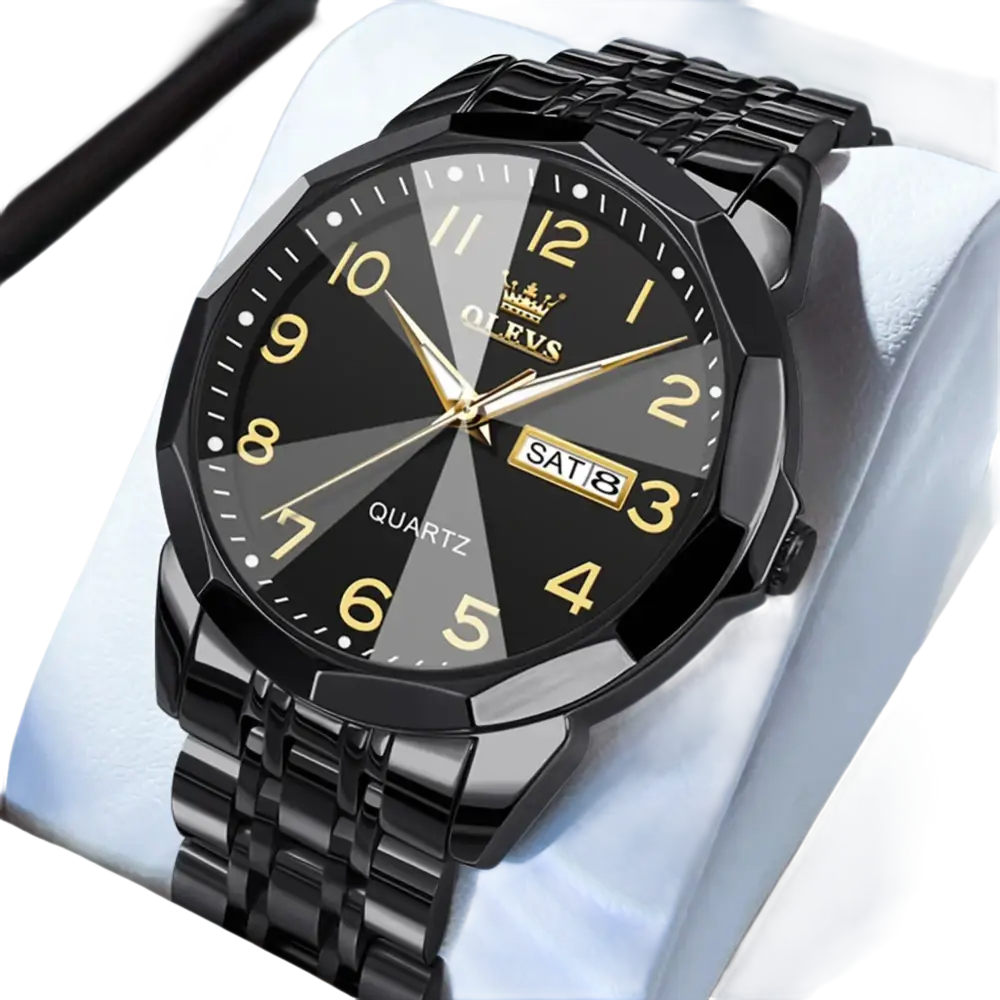 Montre à quartz analogique noire pour homme, avec cadran doré et bracelet en métal.