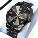 Montre à quartz analogique noire pour homme, avec cadran doré et bracelet en métal.