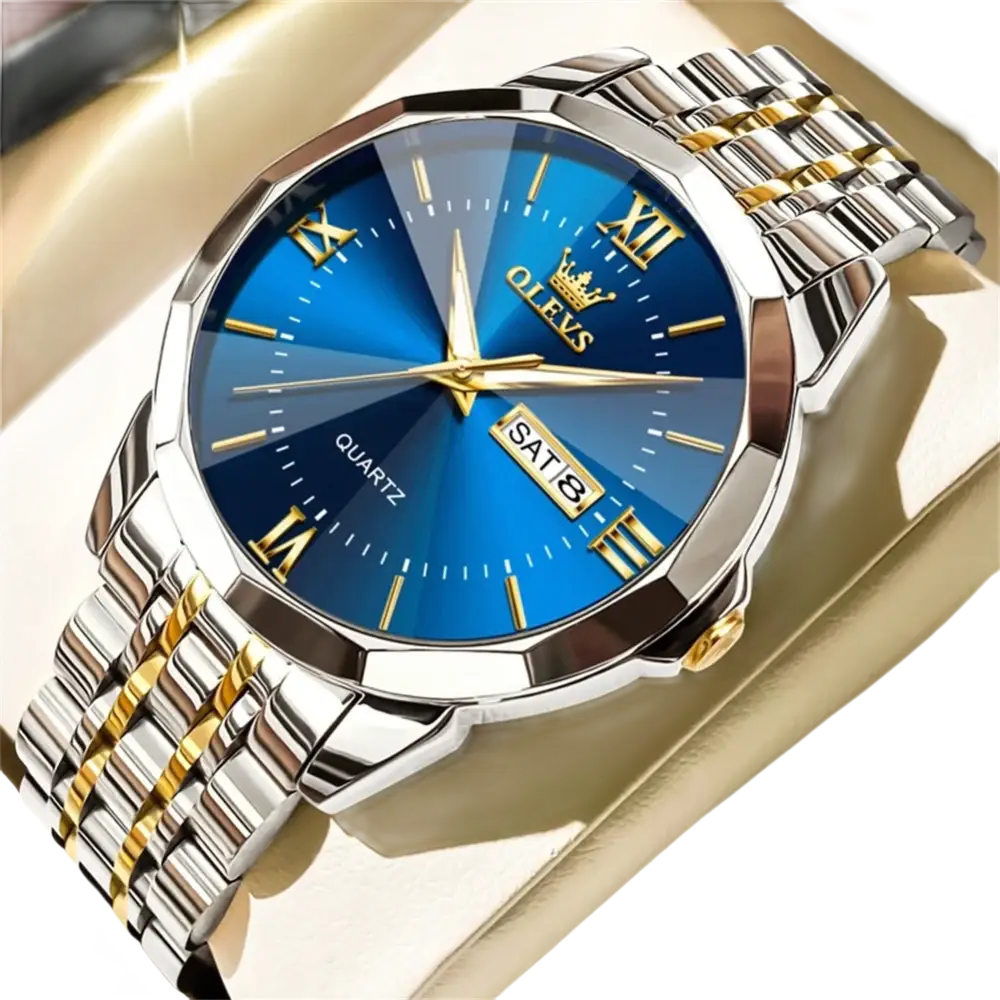 Montre à quartz OLEVS pour homme avec cadran bleu, aiguilles dorées, chiffres romains et bracelet en acier inoxydable bicolore argenté et doré.