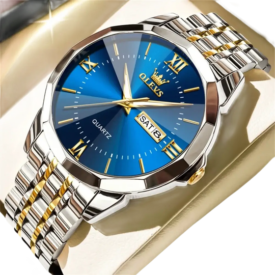 Montre à quartz OLEVS pour homme avec cadran bleu, aiguilles dorées, chiffres romains et bracelet en acier inoxydable bicolore argenté et doré.