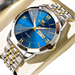 Montre à quartz OLEVS pour homme avec cadran bleu, aiguilles dorées, chiffres romains et bracelet en acier inoxydable bicolore argenté et doré.