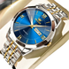 Montre à quartz OLEVS pour homme avec cadran bleu, aiguilles dorées, chiffres romains et bracelet en acier inoxydable bicolore argenté et doré.