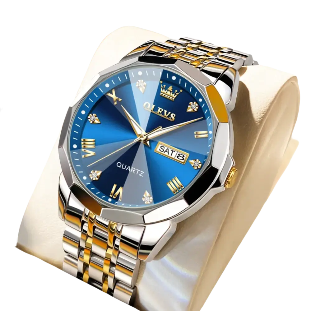 Montre pour homme en acier inoxydable bicolore avec cadran bleu, chiffres romains et affichage de la date.