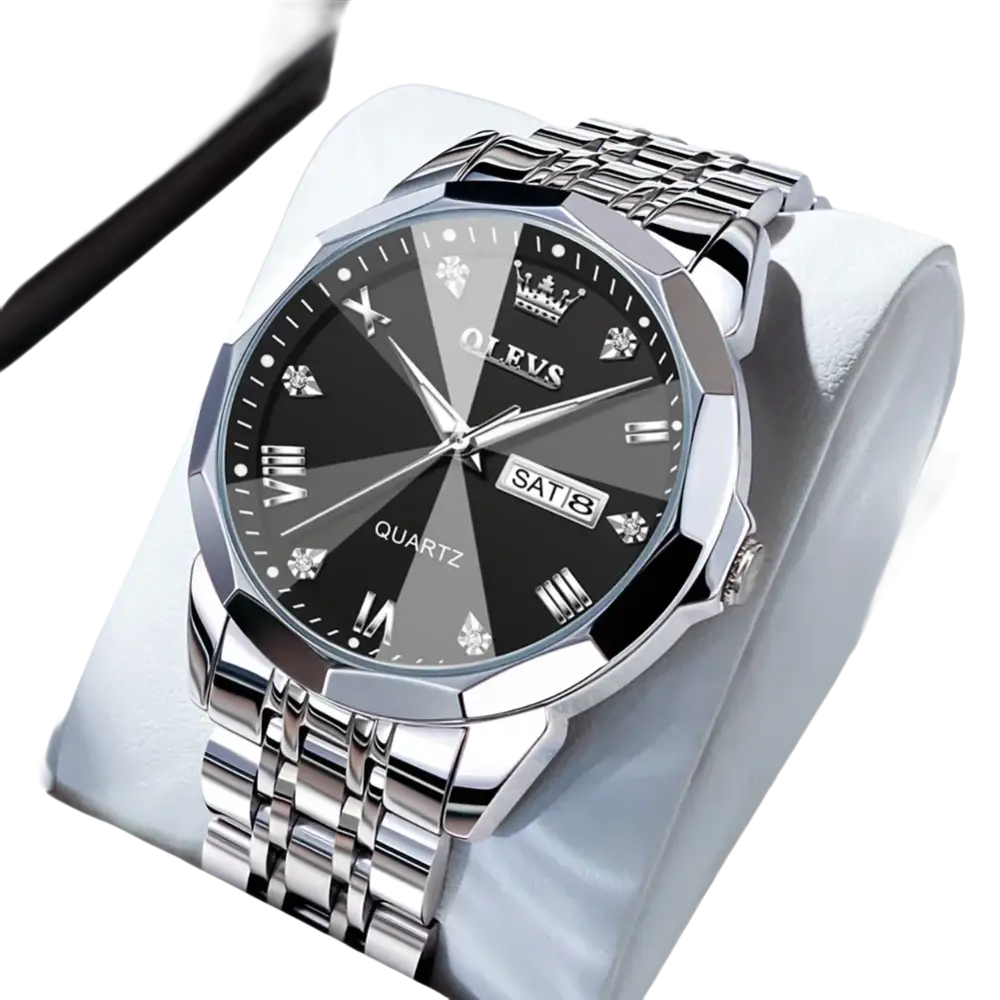 Montre pour homme en acier inoxydable de couleur argentée avec un cadran à motif radial noir et gris, des index en diamant et un affichage de la date.