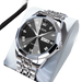 Montre pour homme en acier inoxydable de couleur argentée avec un cadran à motif radial noir et gris, des index en diamant et un affichage de la date.