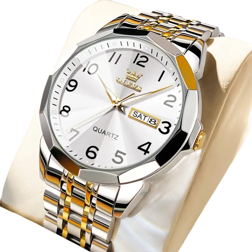 Montre à quartz pour homme en acier inoxydable bicolore argenté et doré, avec cadran blanc et affichage de la date.