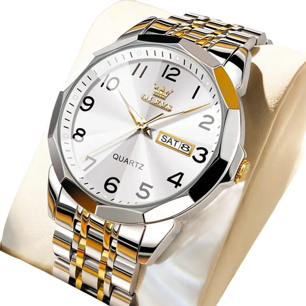 Montre à quartz pour homme en acier inoxydable bicolore argenté et doré, avec cadran blanc et affichage de la date.