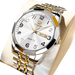 Montre à quartz pour homme en acier inoxydable bicolore argenté et doré, avec cadran blanc et affichage de la date.