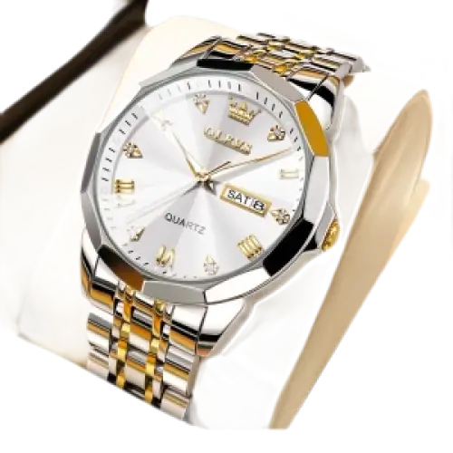 Montre à quartz bicolore argent et or pour homme, avec cadran blanc et affichage de la date.