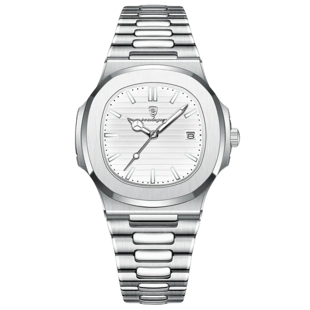 Montre en acier inoxydable de couleur argentée avec cadran blanc texturé et affichage de la date.