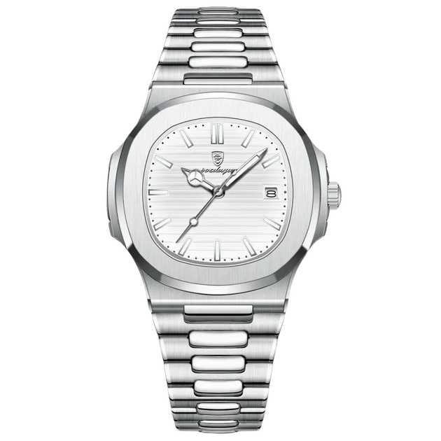 Montre en acier inoxydable de couleur argentée avec cadran blanc texturé et affichage de la date.