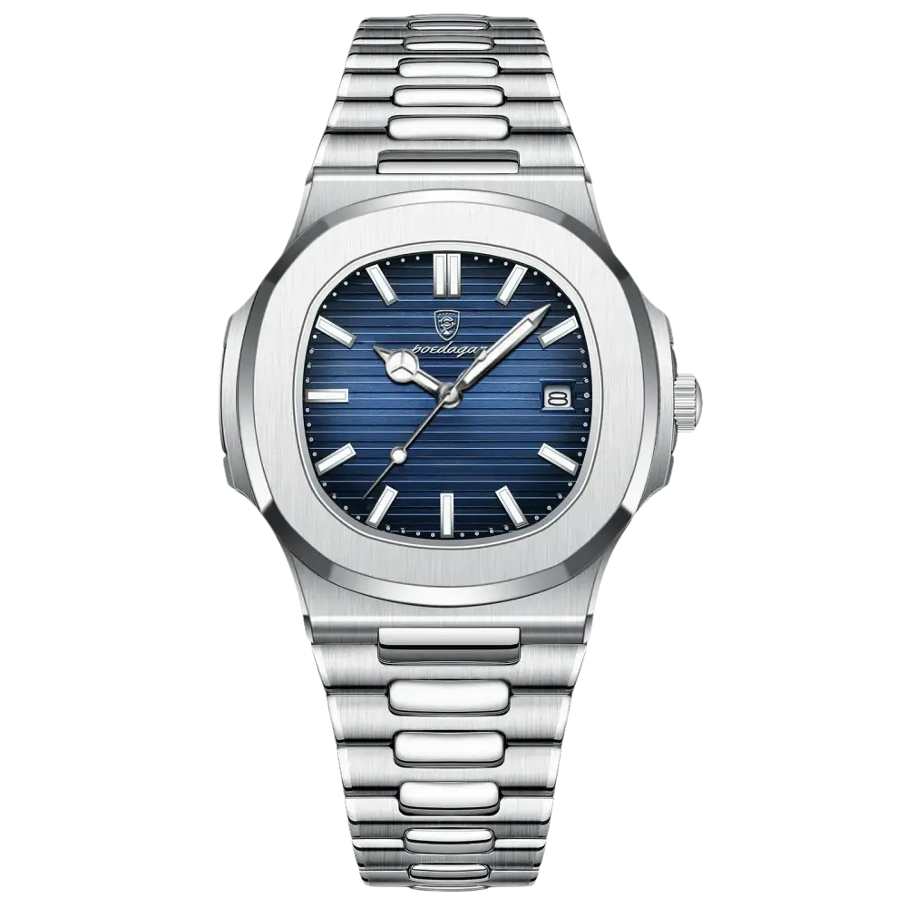 Montre en acier inoxydable de couleur argentée avec un cadran à rayures horizontales bleu foncé et un guichet de date.