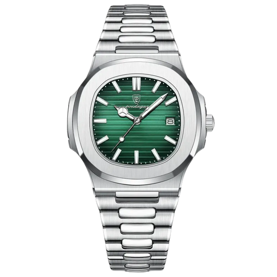 Montre-bracelet en acier inoxydable de couleur argentée avec un cadran à rayures horizontales vertes et un guichet de date.