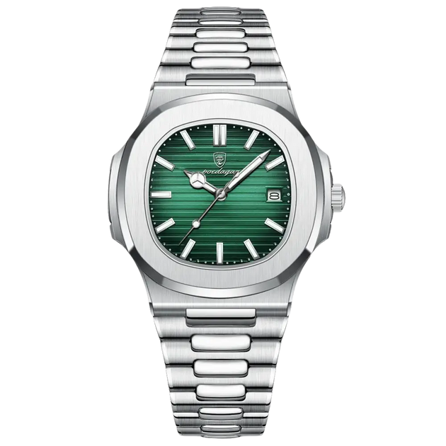 Montre-bracelet en acier inoxydable de couleur argentée avec un cadran à rayures horizontales vertes et un guichet de date.